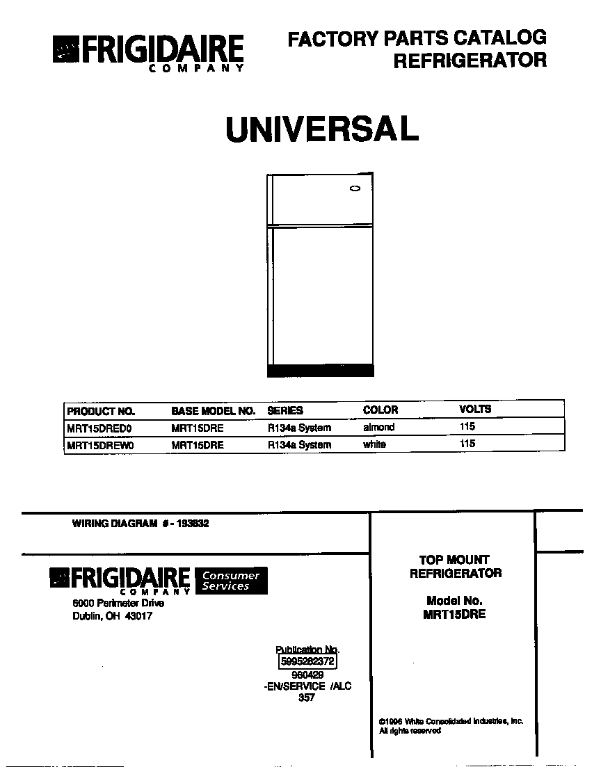 Universal/Multiflex (Frigidaire) MRT15DREW0 cover diagram