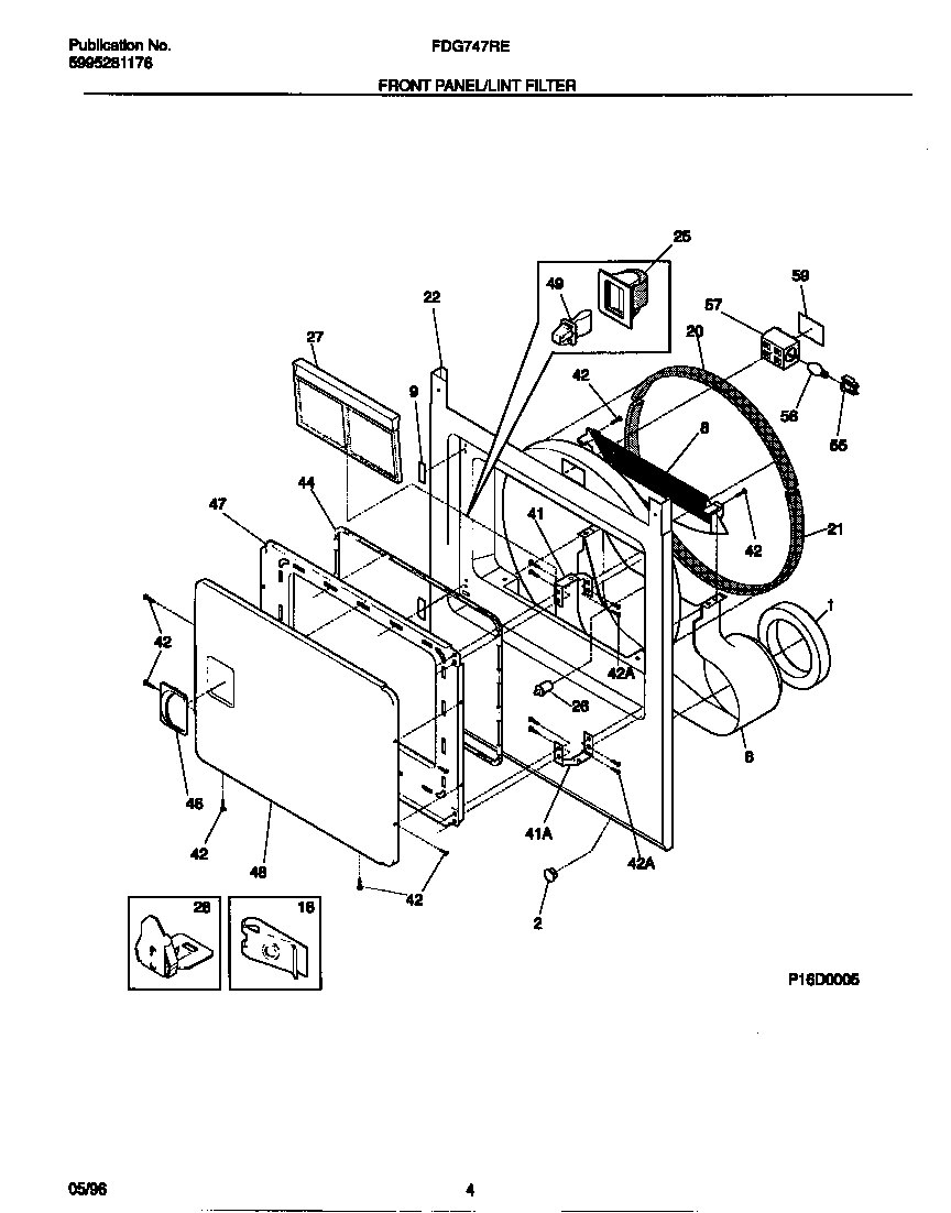 Frigidaire FDG747RES0 front panel/lint filter diagram