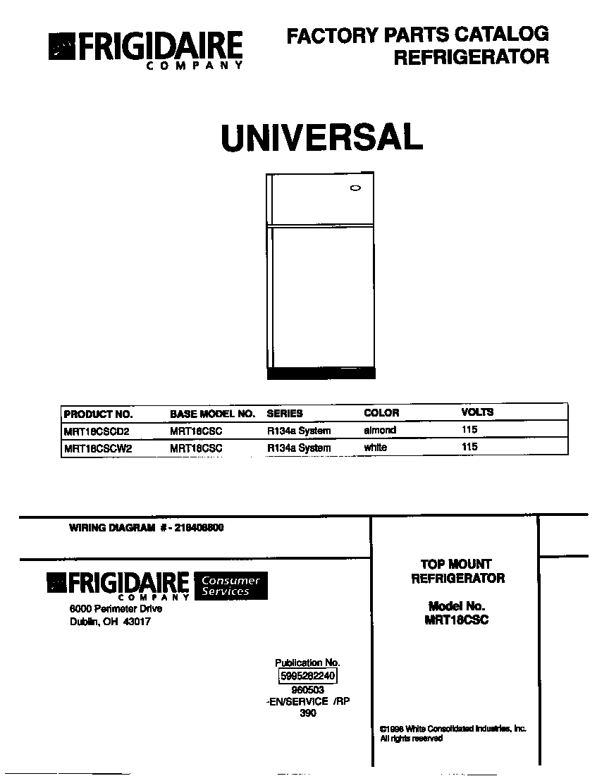 Universal/Multiflex (Frigidaire) MRT18CSCW2 cover diagram