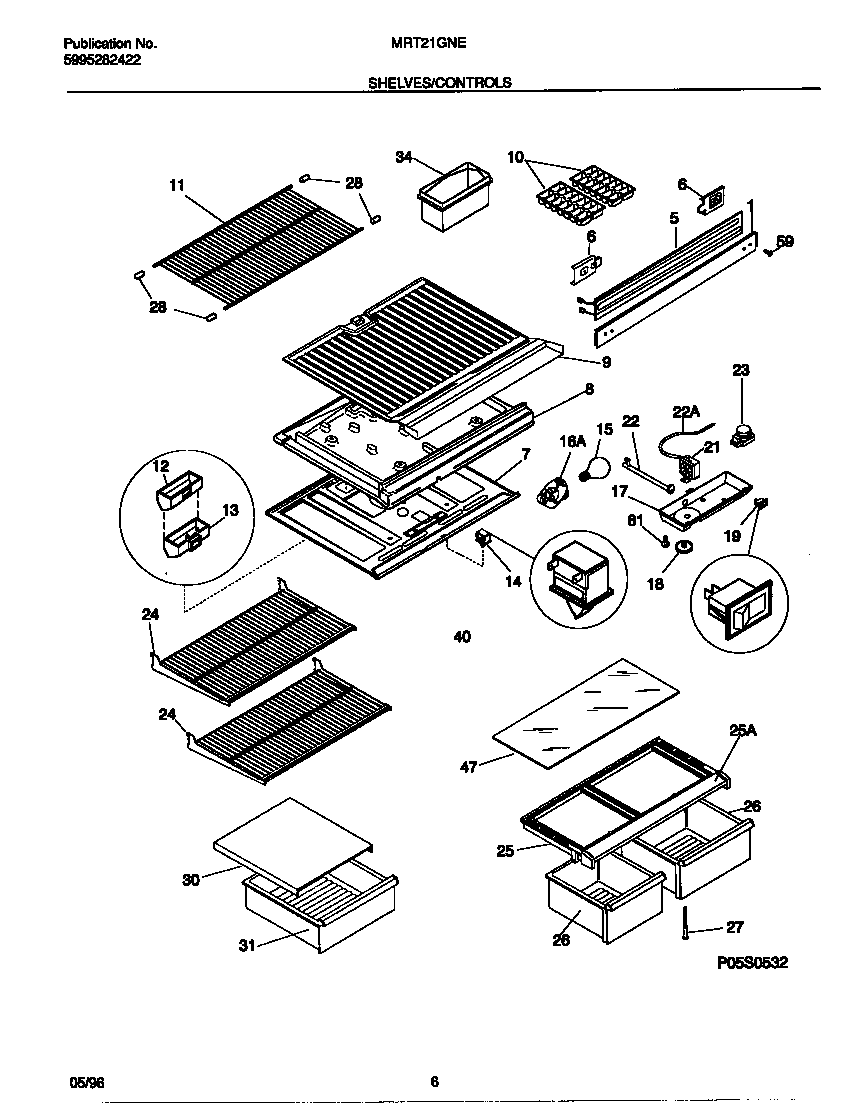 Universal/Multiflex (Frigidaire) MRT21GNED0 shelves/controls diagram