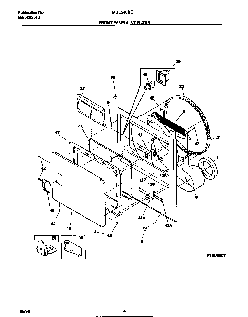 Universal/Multiflex (Frigidaire) MDE546RES0 front panel/lint filter diagram