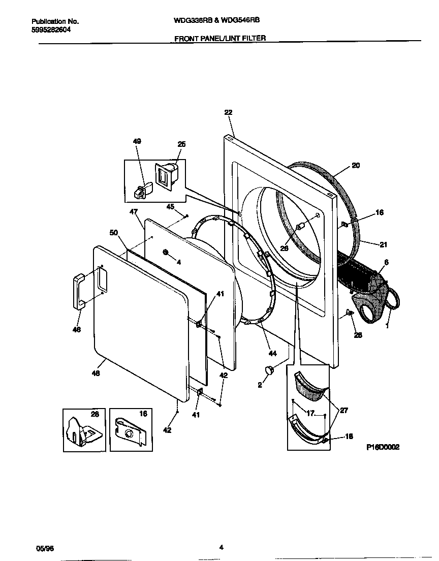 White-Westinghouse WDG546RBD2 front panel/lint filter diagram