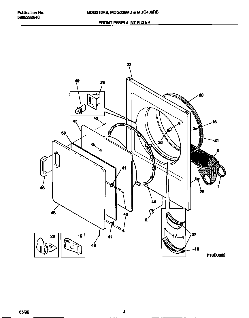 Universal/Multiflex (Frigidaire) MDG436RBD2 front panel/lint filter diagram