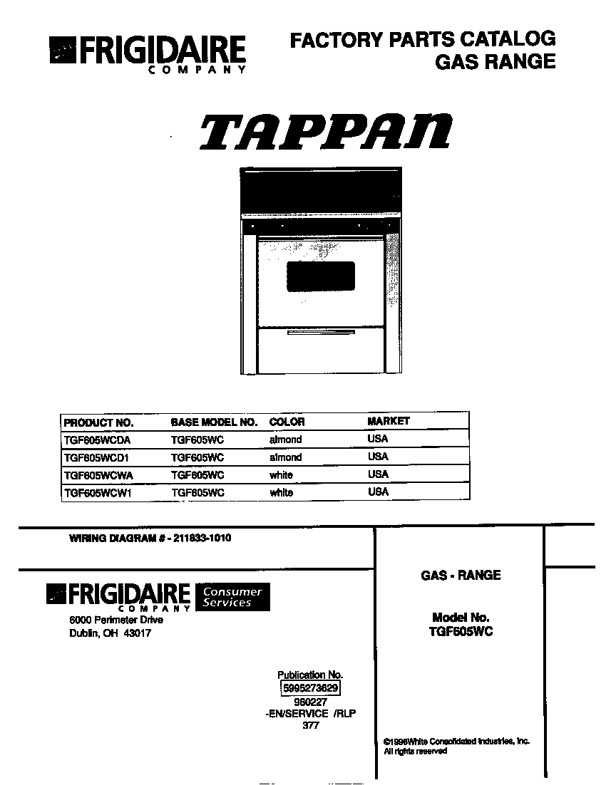 Tappan TGF605WCW1 cover diagram
