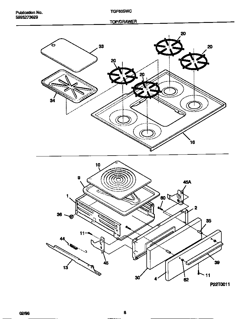 Tappan TGF605WCW1 top/drawer diagram