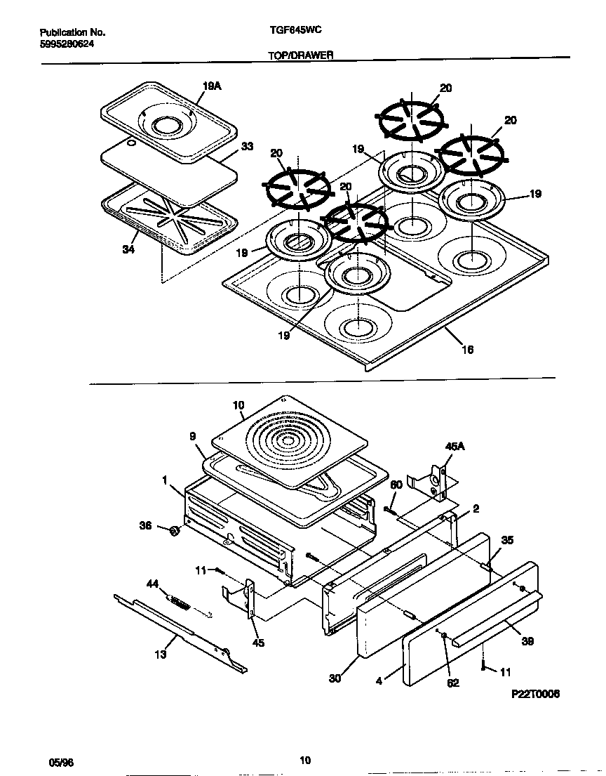 Tappan TGF645WCW3 top/drawer diagram