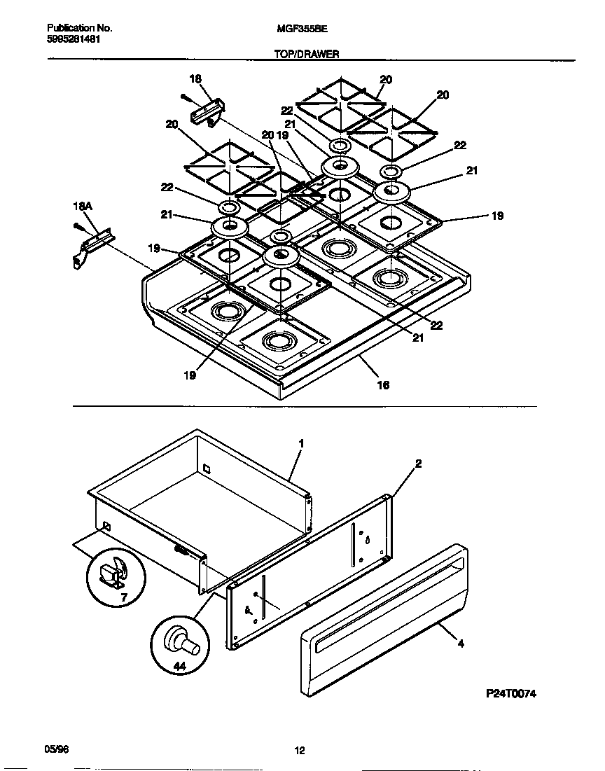 Universal/Multiflex (Frigidaire) MGF355BEWA top/drawer diagram