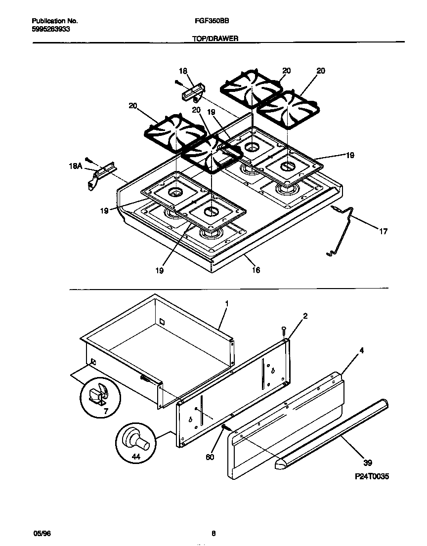 Frigidaire FGF350BBDC top/drawer diagram