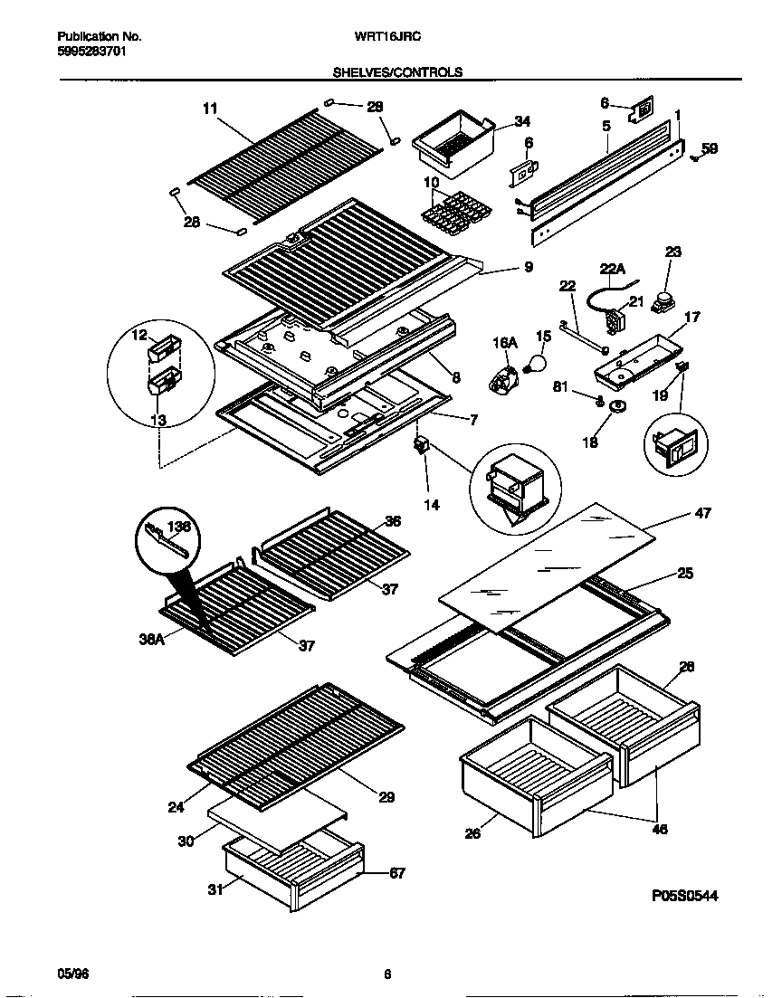 White-Westinghouse WRT16JRCD2 shelves/controls diagram