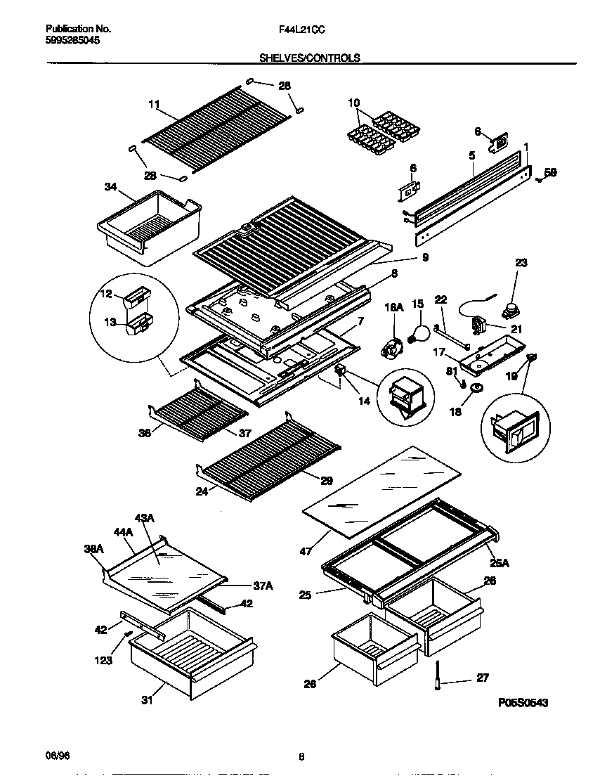Frigidaire F44L21CCD2 shelves/controls diagram