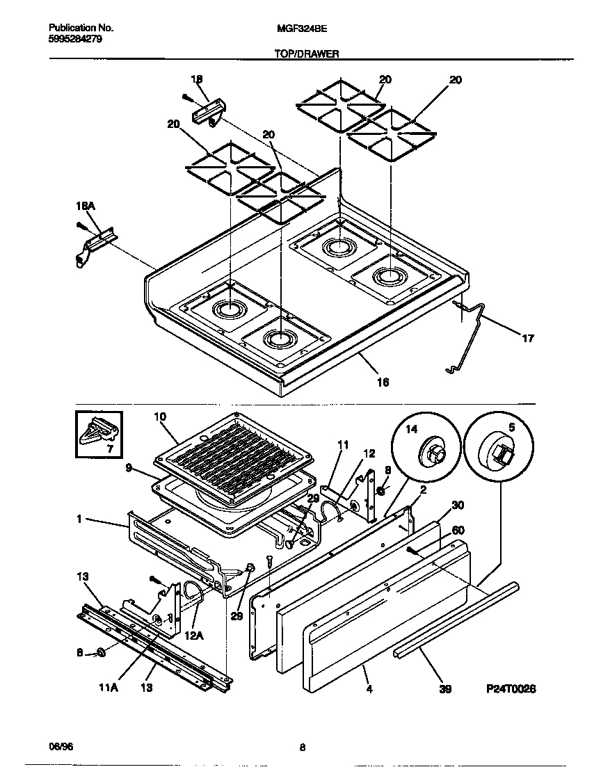 Universal/Multiflex (Frigidaire) MGF324BEWA top/drawer diagram