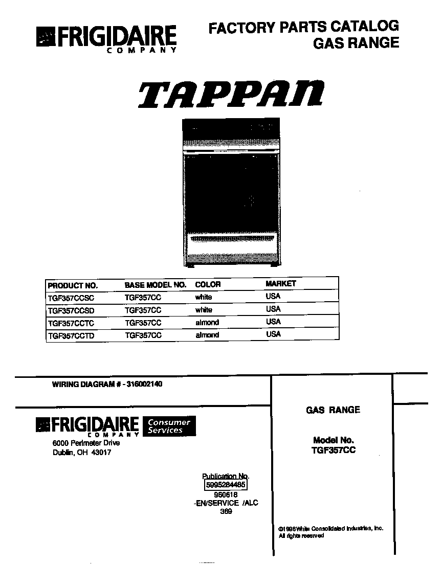 Tappan TGF357CCTD cover diagram
