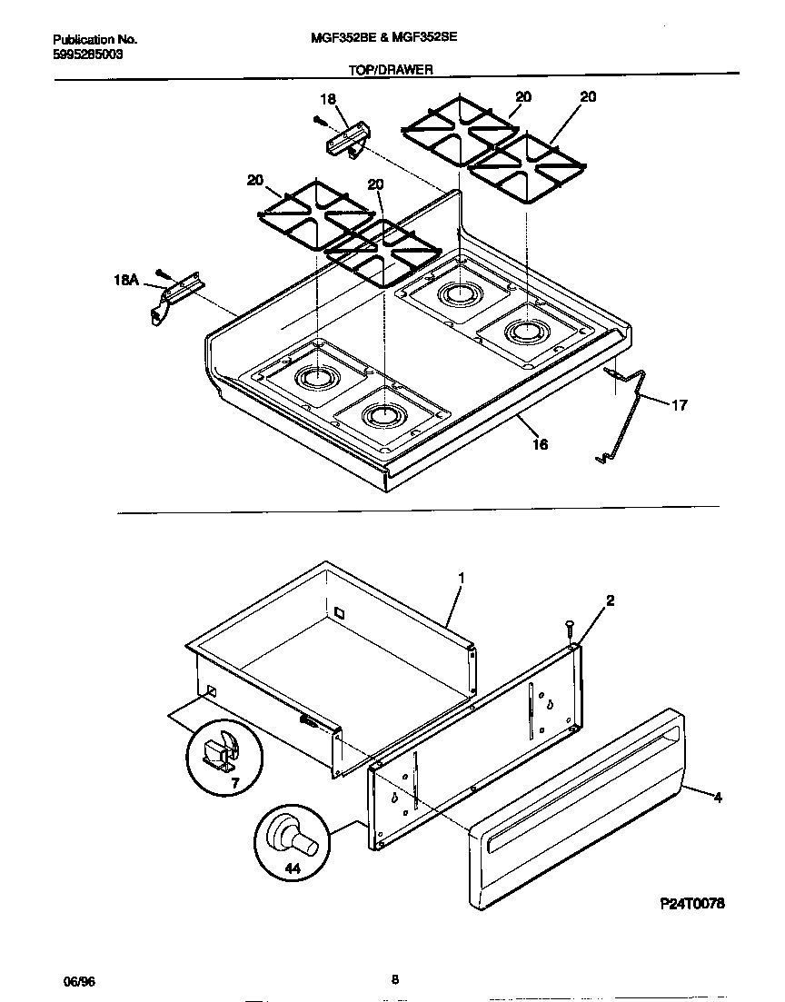 Universal/Multiflex (Frigidaire) MGF352BEDB top/drawer diagram