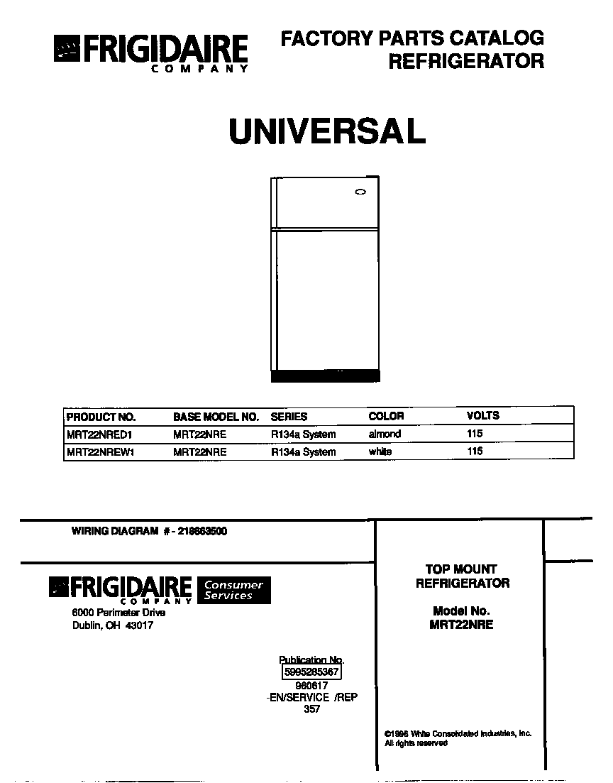 Universal/Multiflex (Frigidaire) MRT22NREW1 cover diagram