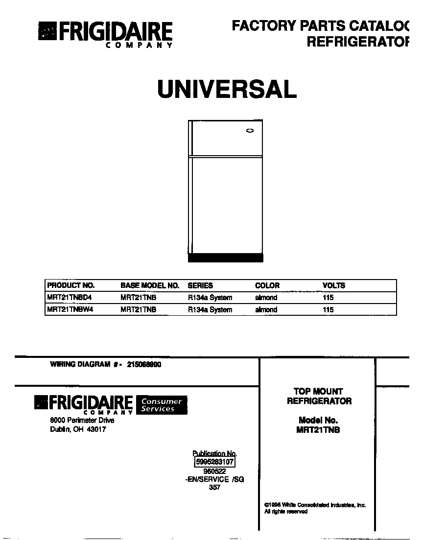 Universal/Multiflex (Frigidaire) MRT21TNBW4 cover diagram