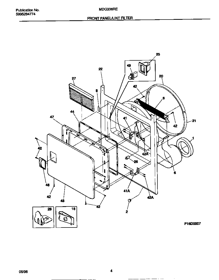 Universal/Multiflex (Frigidaire) MDG336REW0 front panel/lint filter diagram