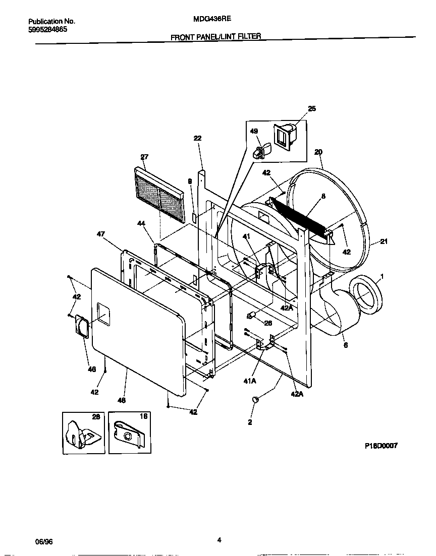 Universal/Multiflex (Frigidaire) MDG436REW0 front panel/lint filter diagram