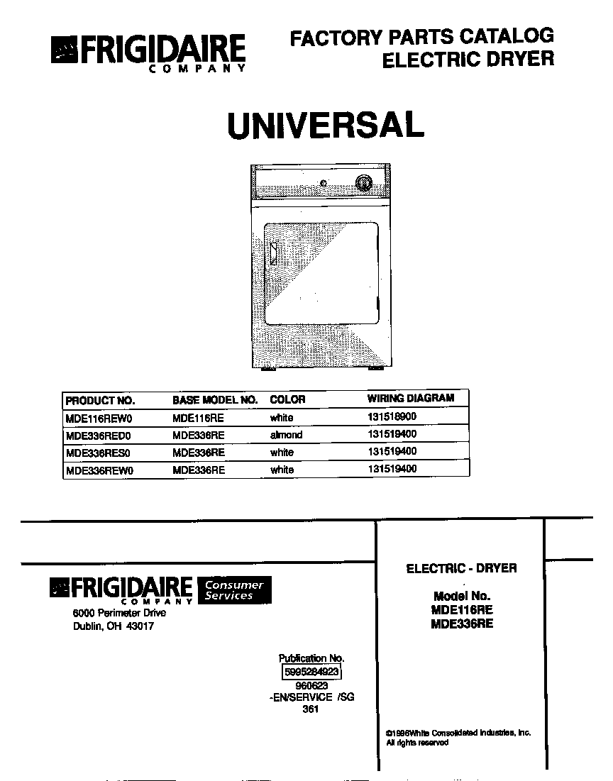 Universal/Multiflex (Frigidaire) MDE116REW0 cover diagram