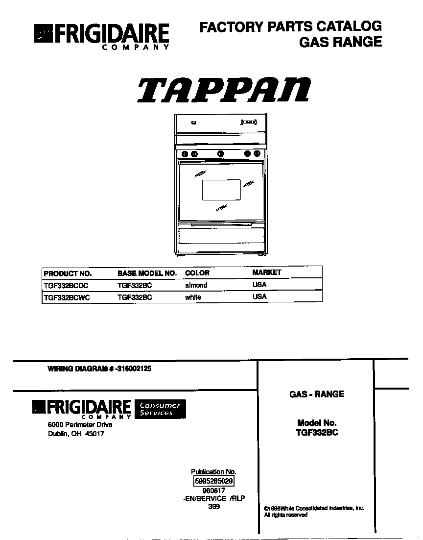 Tappan TGF332BCDC cover diagram