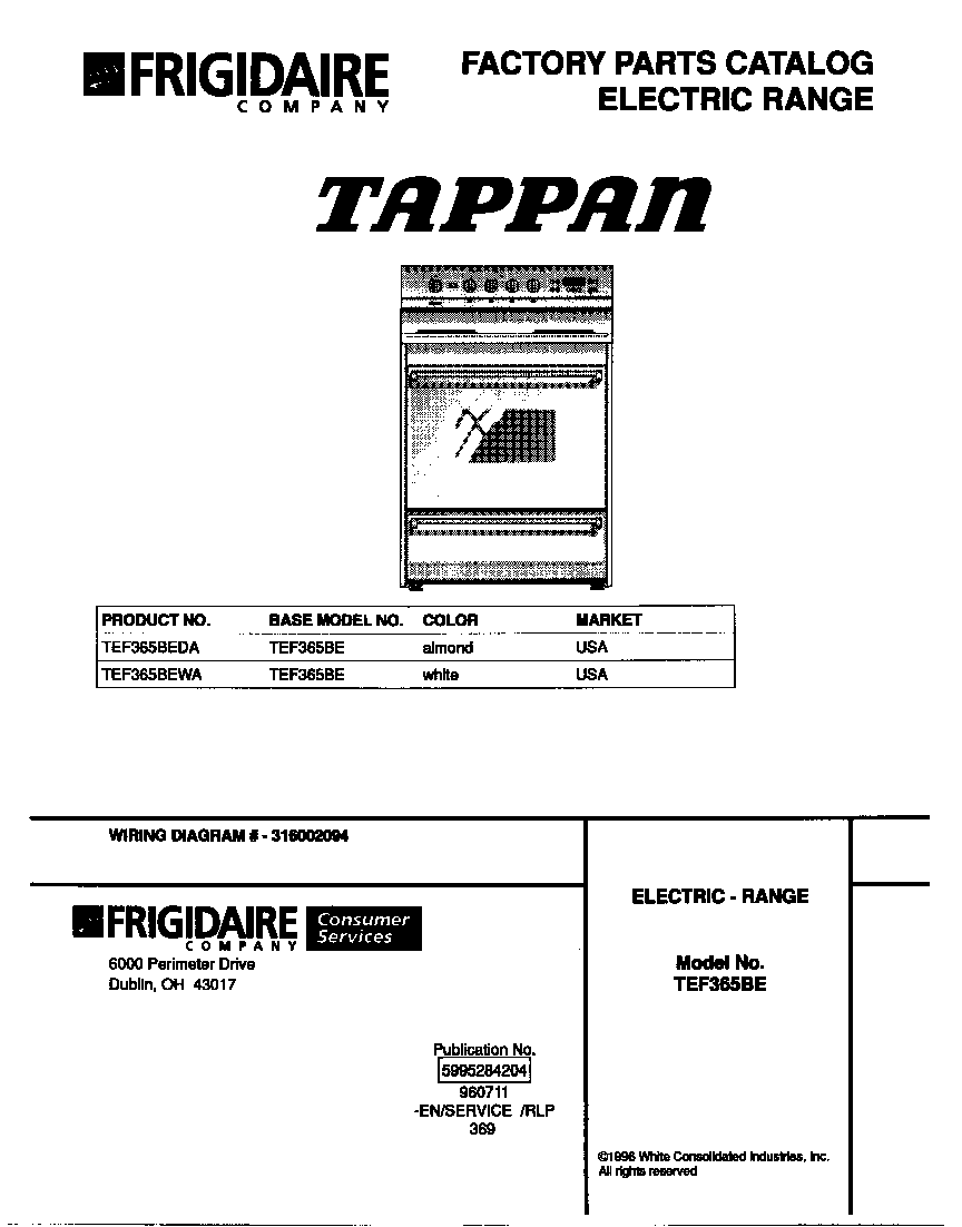 Tappan TEF365BEWA cover diagram