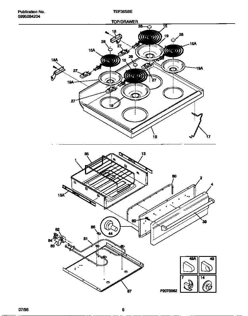 Tappan TEF365BEWA top/drawer diagram