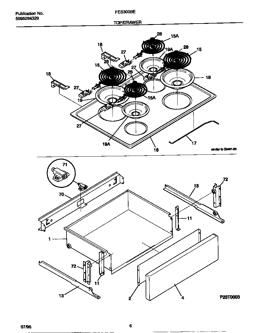 Frigidaire FES300BEBA top/drawer diagram