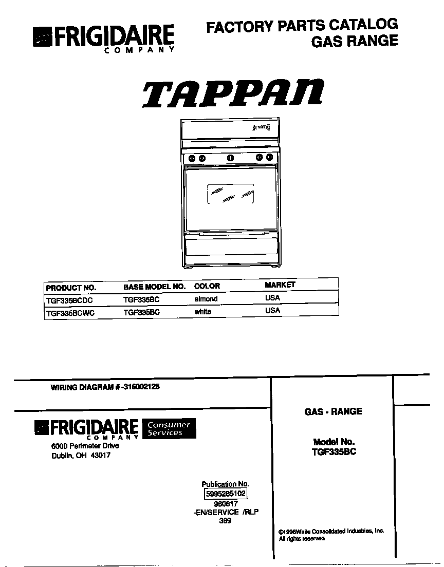 Tappan TGF335BCDC cover diagram