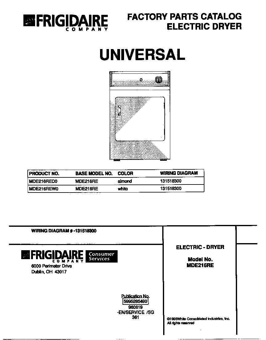 Universal/Multiflex (Frigidaire) MDE216RED0 cover diagram
