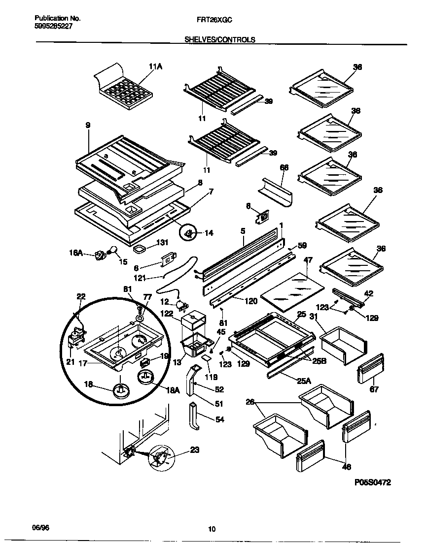 Frigidaire FRT26XGCD2 shelves/controls diagram