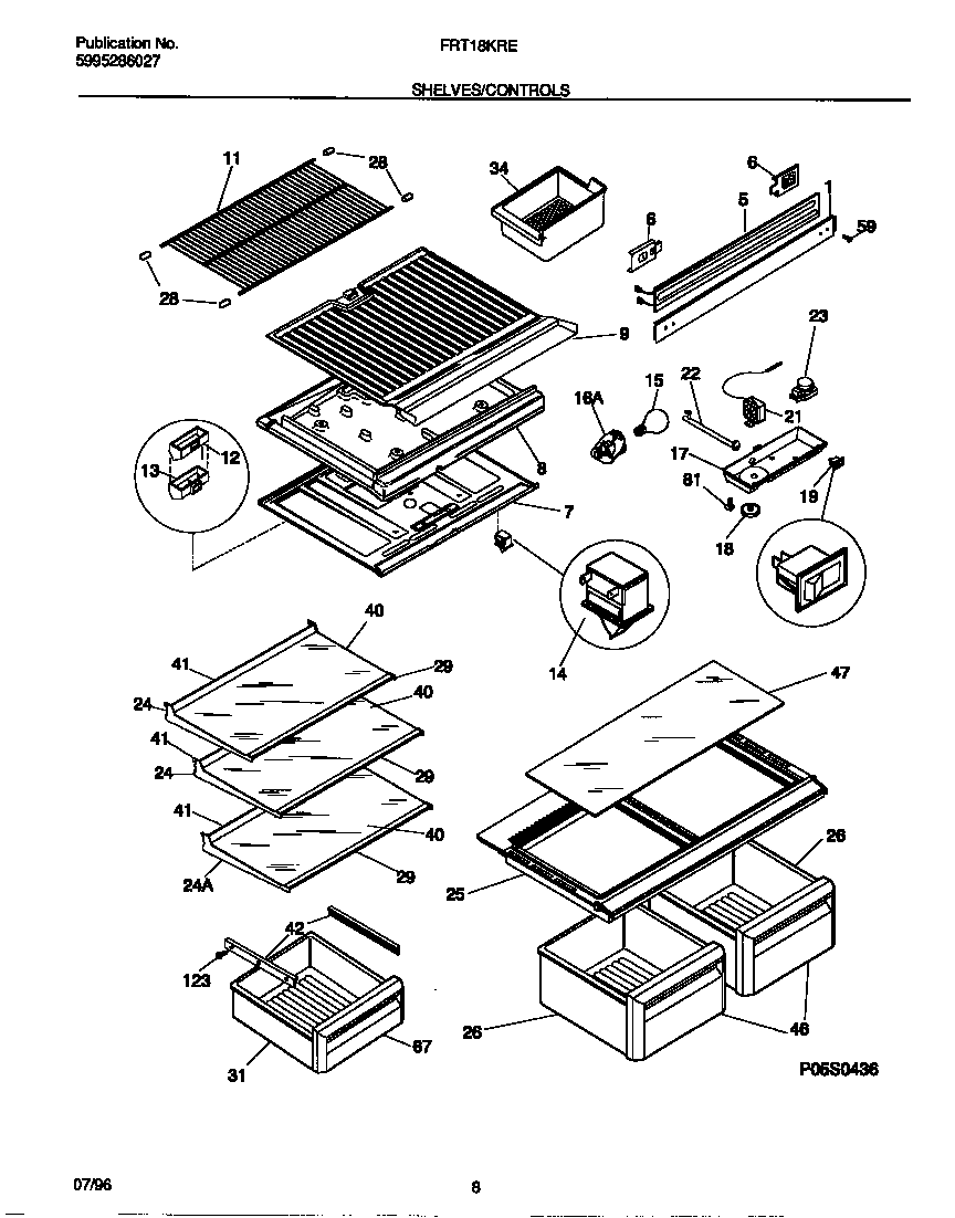 Frigidaire FRT18KRED1 shelves/controls diagram