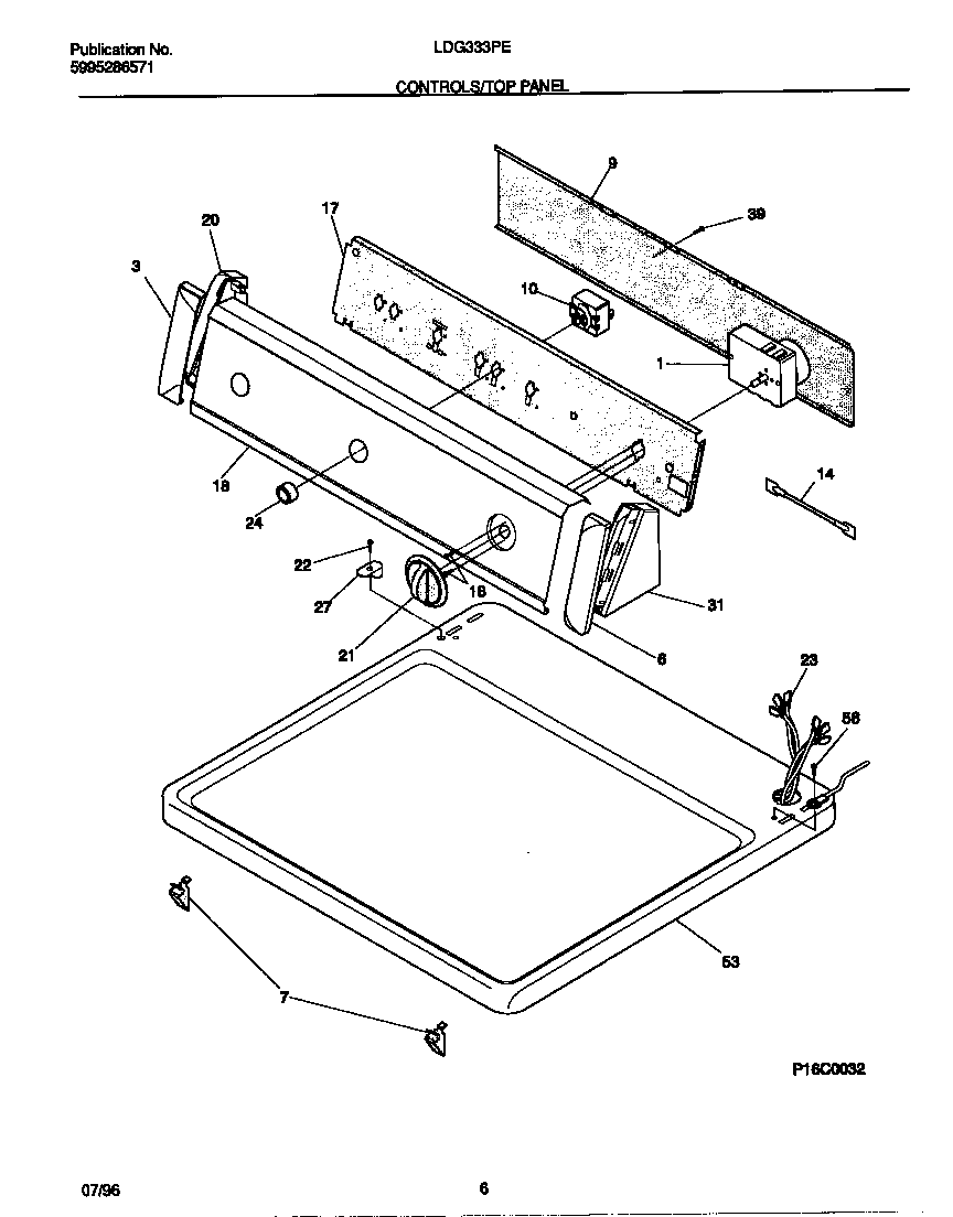 Frigidaire LDG333PEW0 controls/top panel diagram
