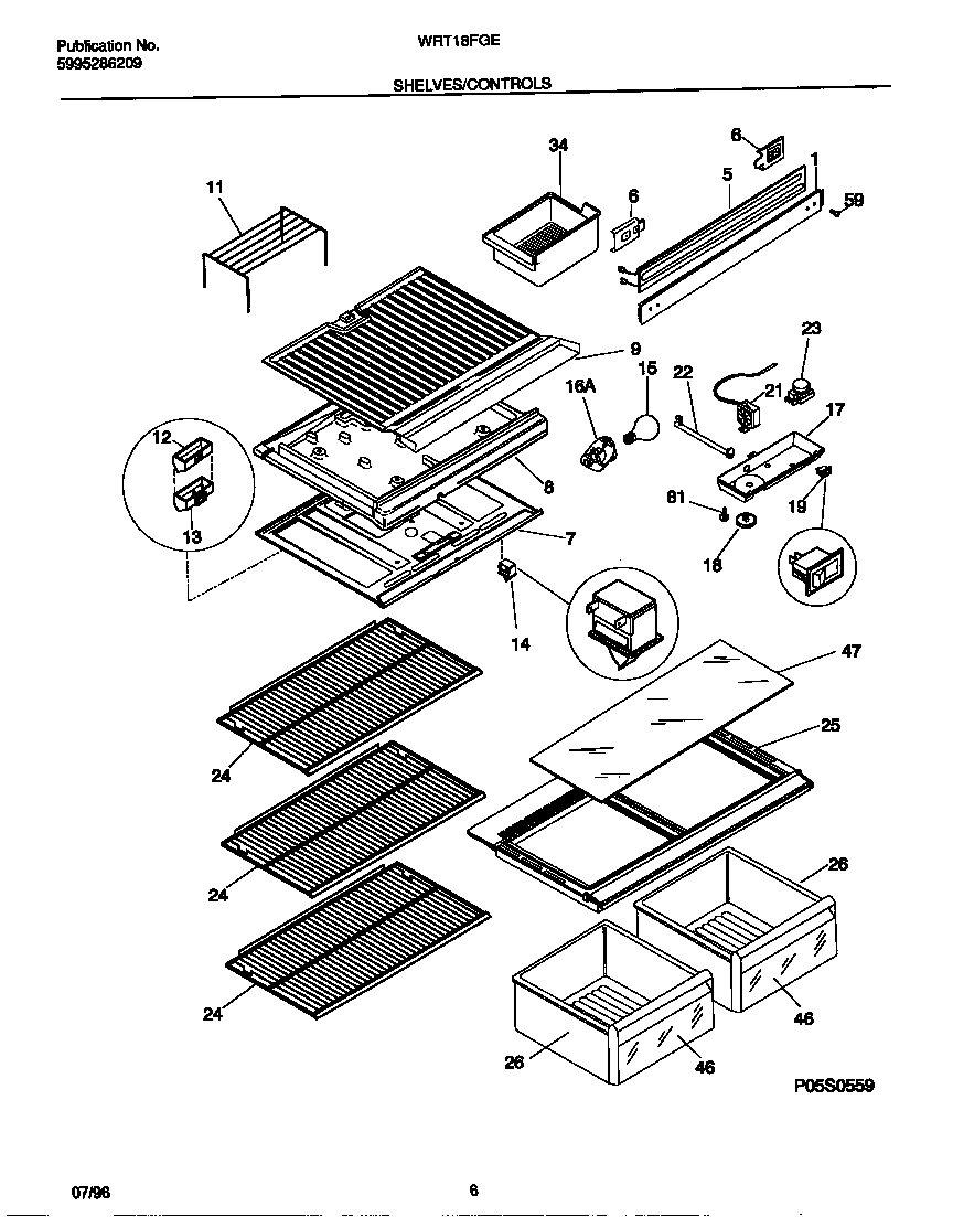 White-Westinghouse WRT18FGED1 shelves/controls diagram
