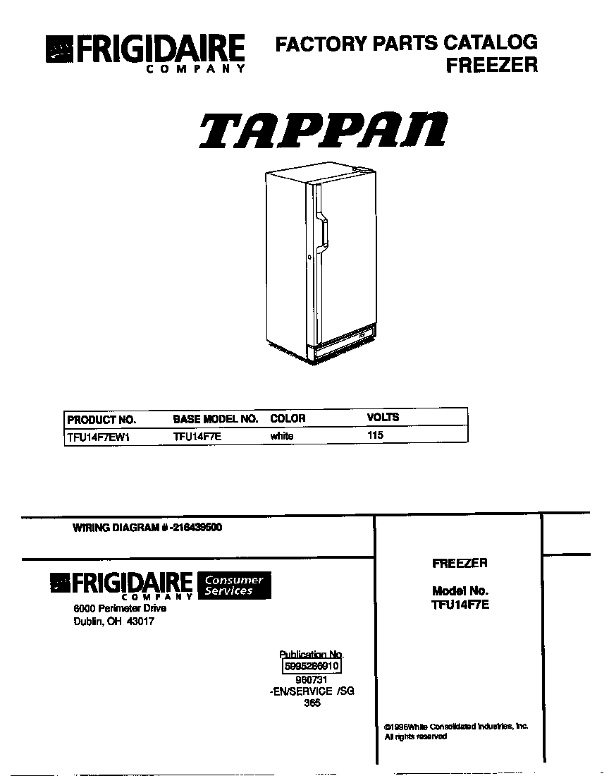 Tappan TFU14F7EW1 cover diagram