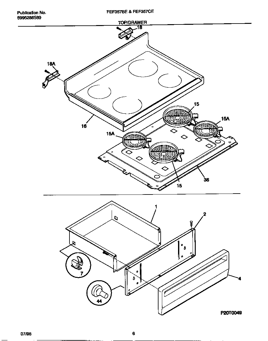 Frigidaire FEF357CESB top/drawer diagram