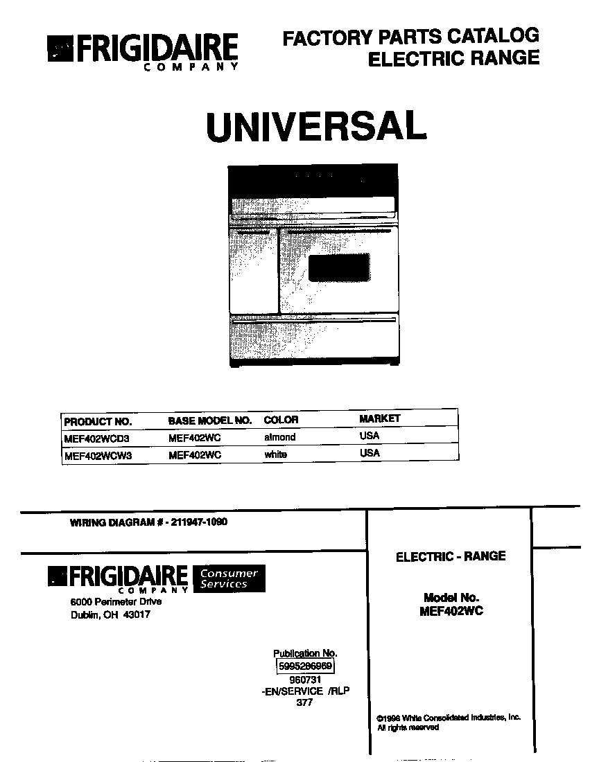 Universal/Multiflex (Frigidaire) MEF402WCW3 cover diagram