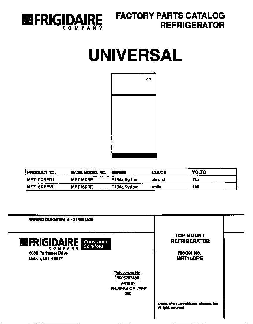 Universal/Multiflex (Frigidaire) MRT15DREW1 cover diagram