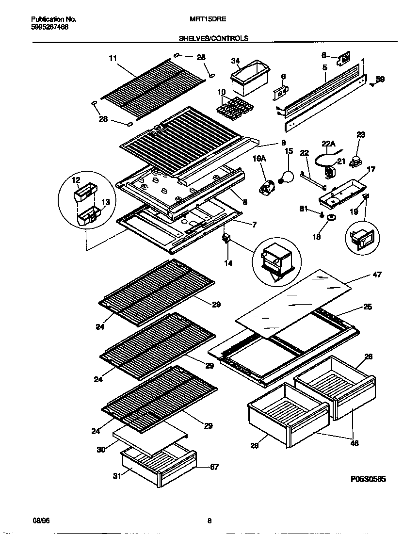 Universal/Multiflex (Frigidaire) MRT15DREW1 shelves/controls diagram