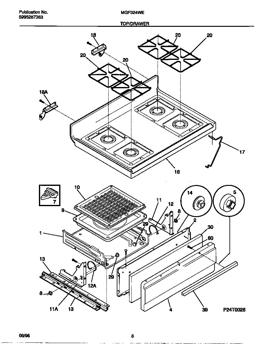 Universal/Multiflex (Frigidaire) MGF324WESC top/drawer diagram