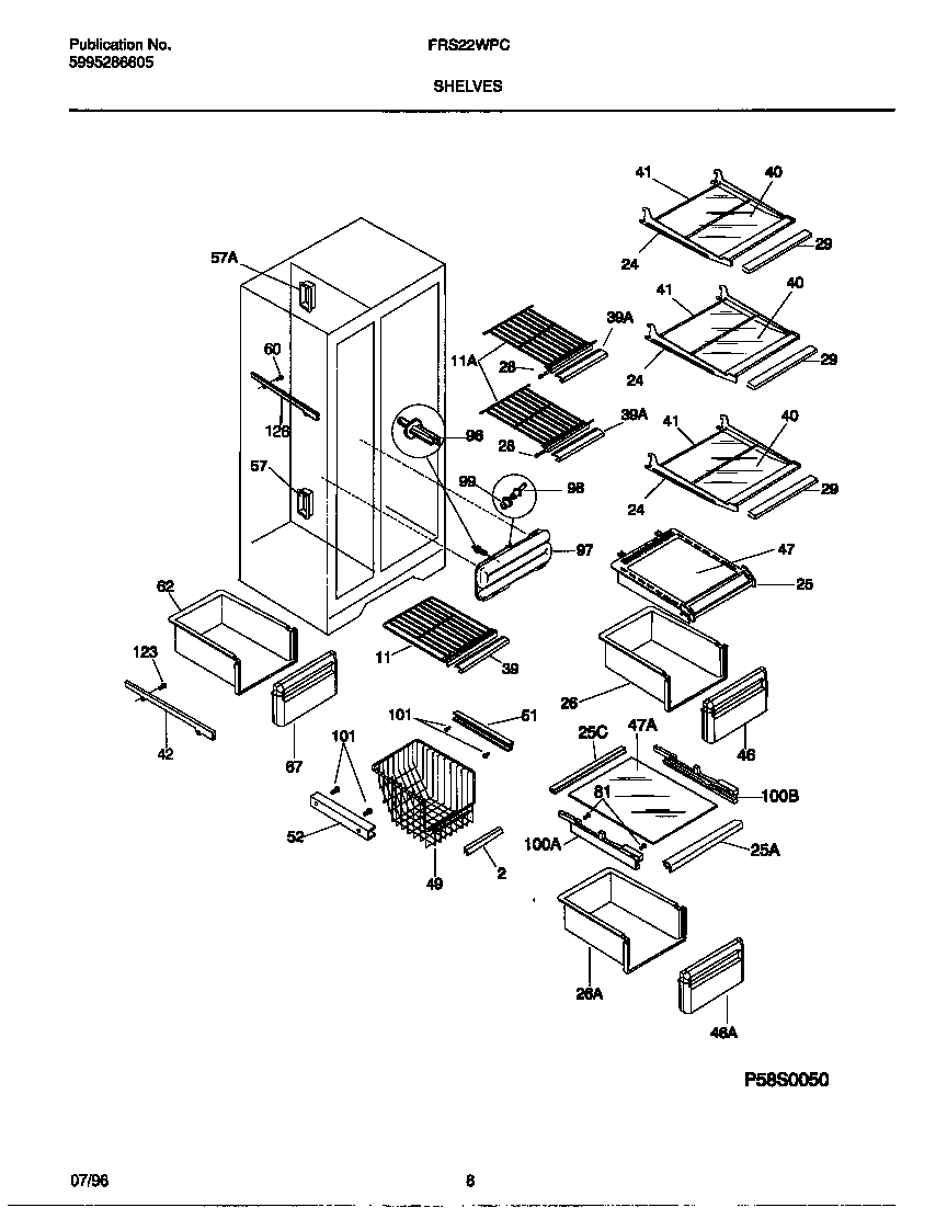 Frigidaire FRS22WPCW2 shelves diagram