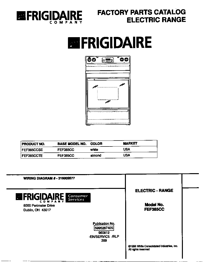 Frigidaire FEF385CCTE cover diagram