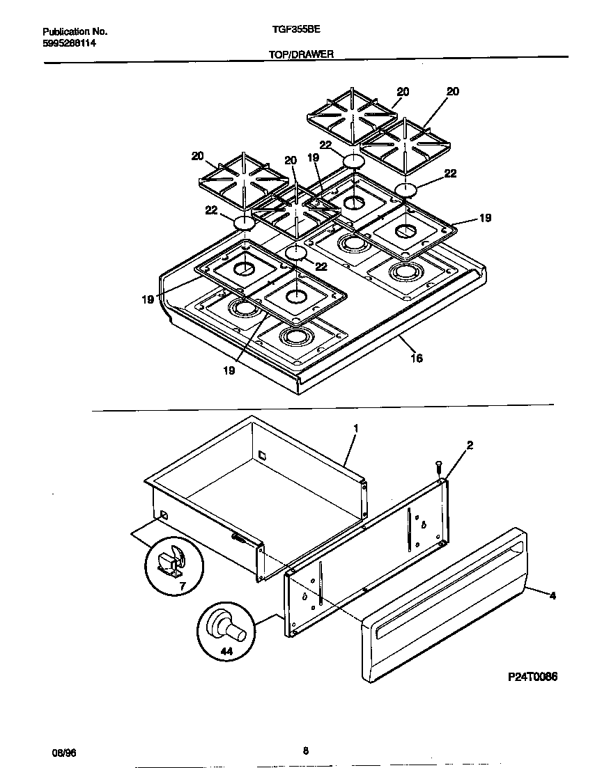 Tappan TGF355BEWA top/drawer diagram
