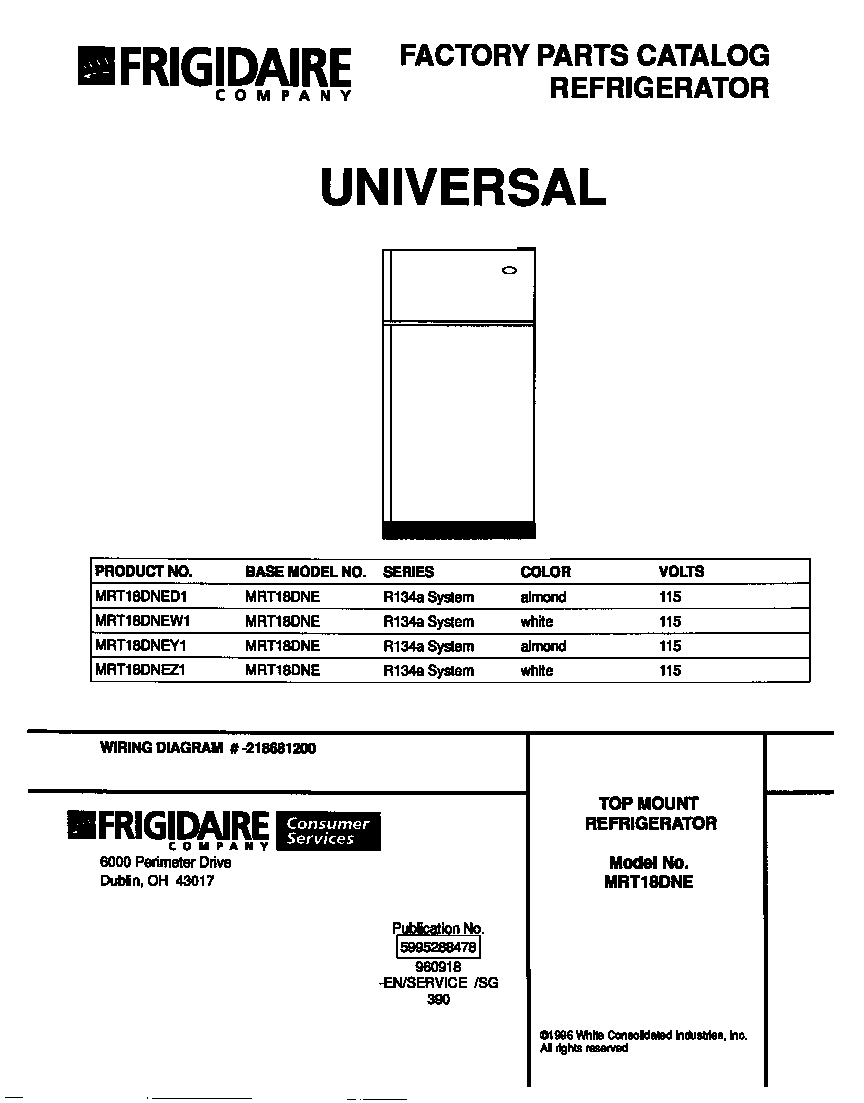 Universal/Multiflex (Frigidaire) MRT18DNED1 cover diagram