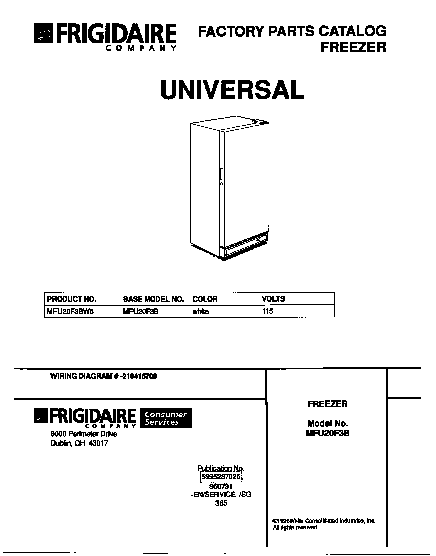Universal/Multiflex (Frigidaire) MFU20F3BW5 cover diagram
