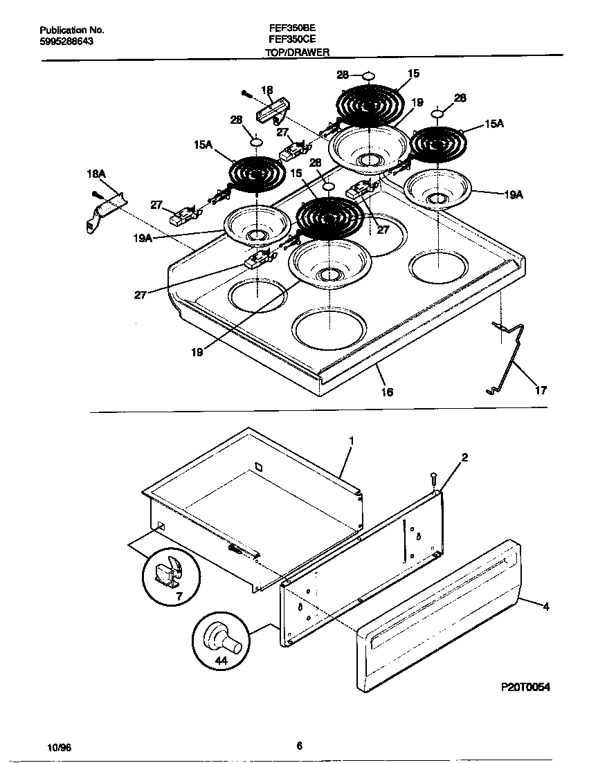 Frigidaire FEF350BEDB top/drawer diagram