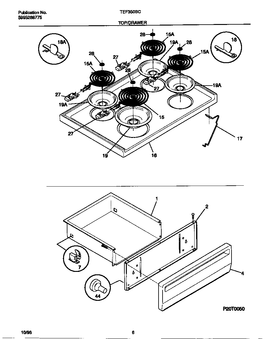 Tappan TEF350SCDC top/drawer diagram