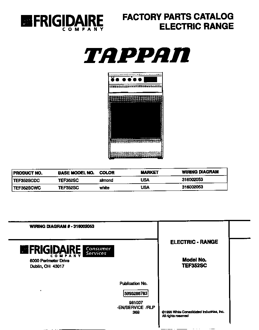Tappan TEF352SCWC cover diagram