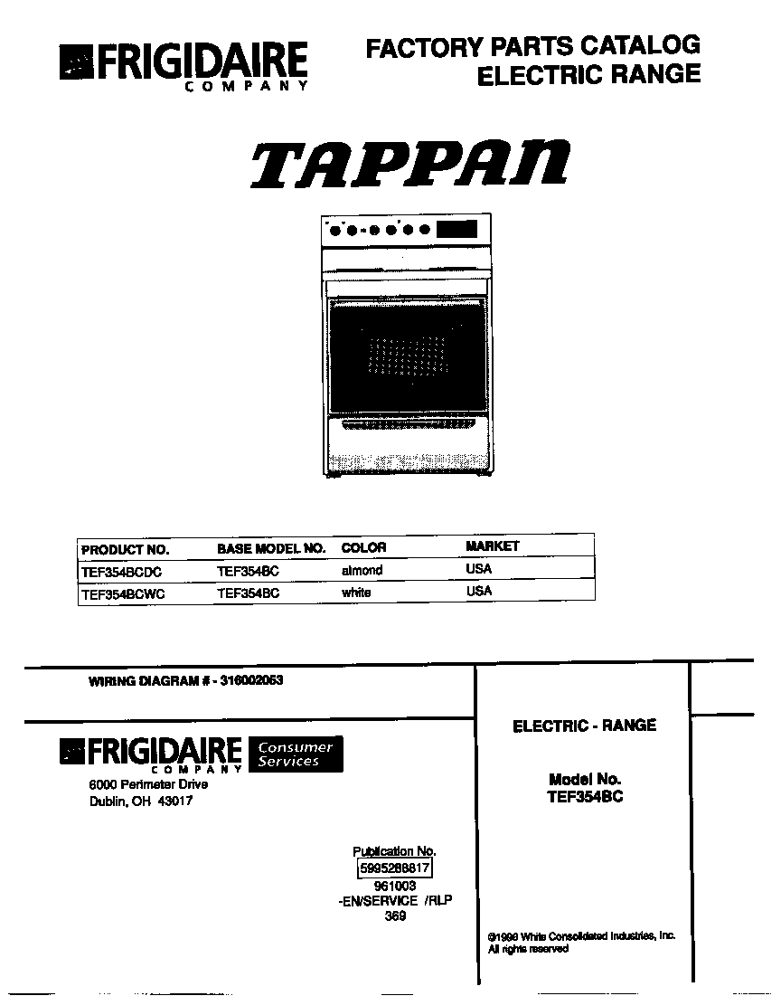 Tappan TEF354BCWC cover diagram