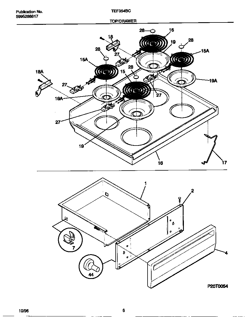 Tappan TEF354BCWC top/drawer diagram