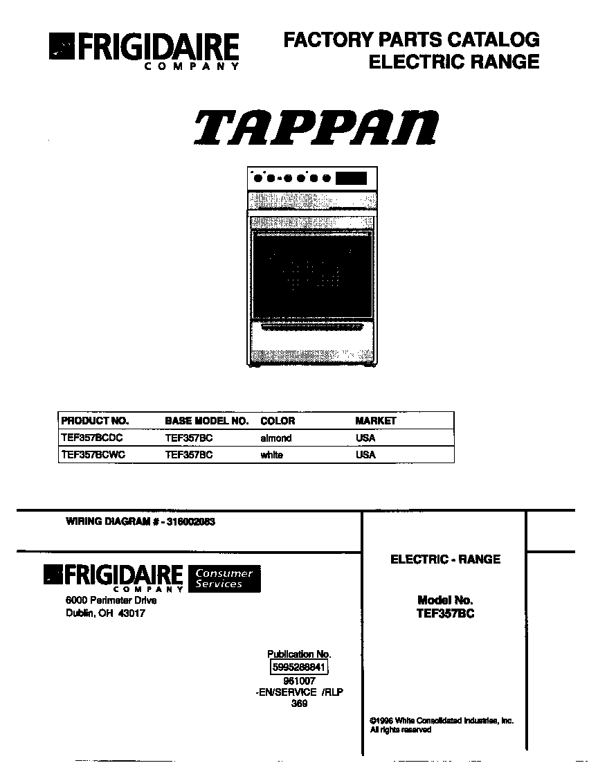 Tappan TEF357BCDC cover diagram