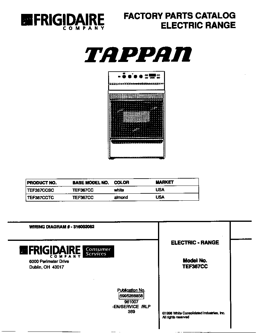 Tappan TEF367CCTC cover diagram